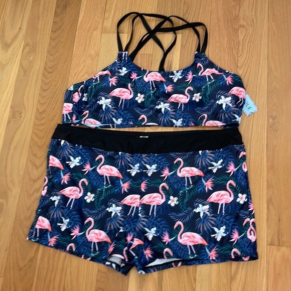 New Yonique Tankini Swimsuits 3 Piece Bathing Suits Swim Flamingo Print Size 24W - Picture 6 of 15